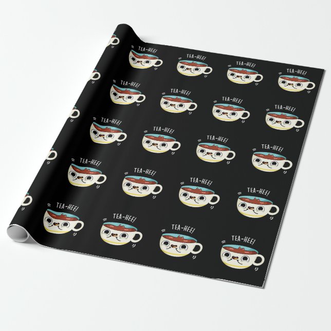 Tea Hee Funny Tea Cup Pun Dark BG Wrapping Paper (Unrolled)