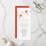 Tea Length Wedding Program Template Dragonfly<br><div class="desc">This tea length wedding program template feature unique watercolor red dragonflies. Use the template fields to add your order of service. The card reverses to a solid red colour. To see more wedding themes like this visit www.zazzle.com/dotellabelle 

Unique art and design by Victoria Grigaliunas of Do Tell A Belle.</div>