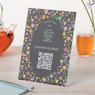 Tea Menu Cute Colourful CUSTOM QR code Pedestal Sign