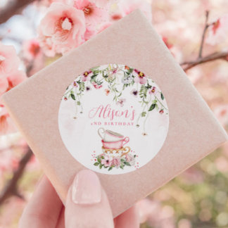 Tea Party 2nd Birthday Invitation  Classic Round Sticker