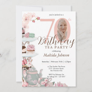 Tea Party 70th Birthday Pink Floral Custom Photo Invitation