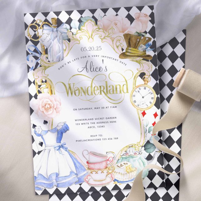 Tea party Alice in wonderland pink girl birthday I Invitation (Girl 1st birthday, Alice in Wonderland themed birthday invitations)