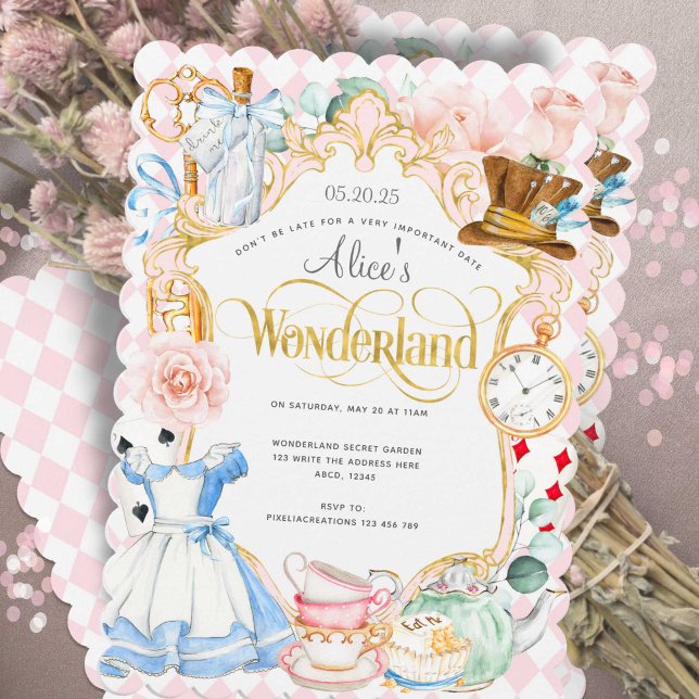 Tea party Alice in wonderland pink girl birthday I Invitation (Cute girl 1st birthday invitation, Alice in Wonderland themed birthday invitation. )