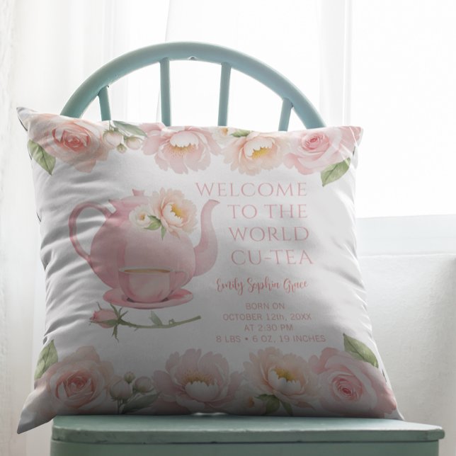 Tea Party Baby Girl Birth Stats Floral Keepsake  Cushion (Baby Keepsake Throw Pillow)