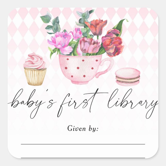 Tea Party baby shower - Baby's first library  Square Sticker (Front)