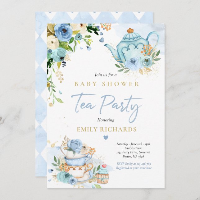 Tea Party Baby Shower Boy Blue Rose Baby Brewing Invitation (Front/Back)