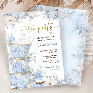 Tea Party Baby Shower Boy Dusty Blue Floral Invitation