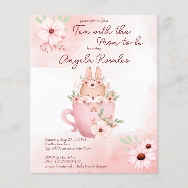 Tea party baby shower bunny in a mug budget invite (Front)