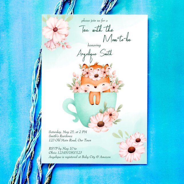 Tea party baby shower cute baby fox in a mug invitation (Creator Uploaded)