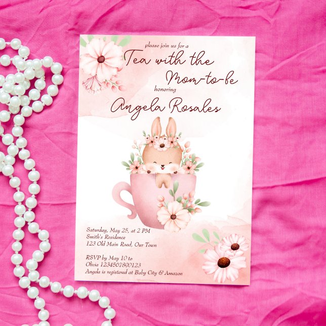Tea party baby shower cute pink bunny in a mug invitation (Creator Uploaded)