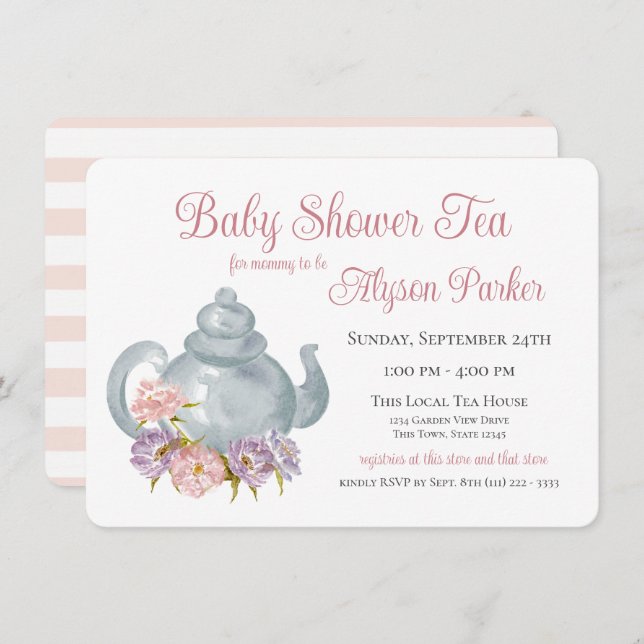 Tea Party Baby Shower Floral Tea Pot Invitation (Front/Back)