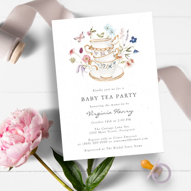 Tea Party Baby Shower Invitation (Beautiful Wildflower Baby Shower Tea Party Invitation by Painted Paperie)