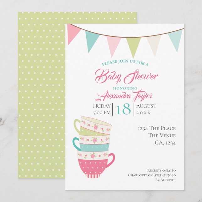 Tea Party Baby Shower Personalised Invitation (Front/Back)