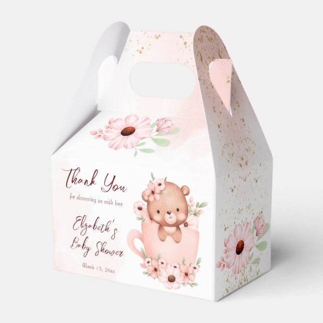Tea party baby shower pink teddy in a cup favour box (Front Side)