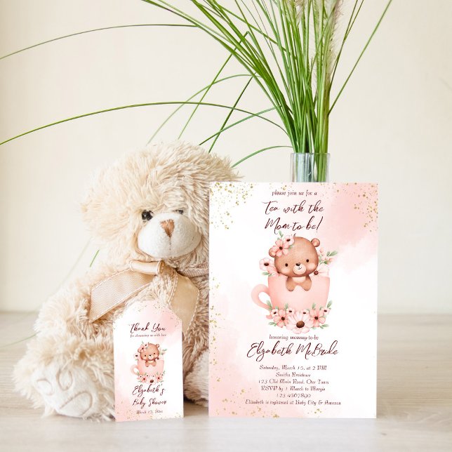 Tea party baby shower pink teddy in a cup  invitation (Creator Uploaded)