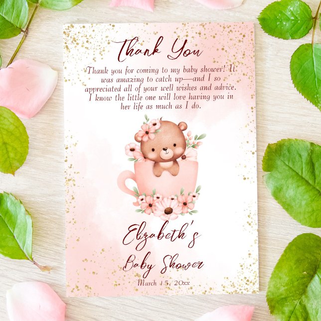 Tea party baby shower pink teddy in a cup thank you card (Creator Uploaded)