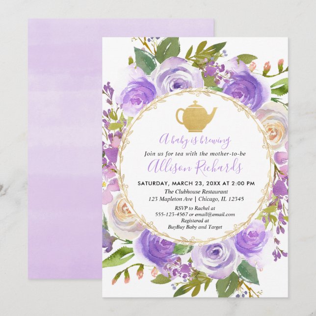 Tea party baby shower purple lavender lilac floral invitation (Front/Back)