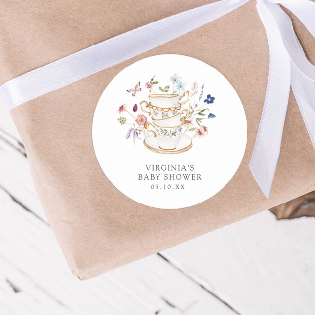 Tea Party Baby Shower Sticker (Watercolor Wildflower Tea Party Baby Shower Sticker by Painted Paperie)