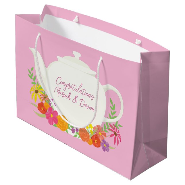 Tea Party Baby Shower Teapot Pink Girl Large Gift Bag (Back Angled)