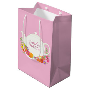 Tea Party Baby Shower Teapot Pink Girl Medium Gift Bag