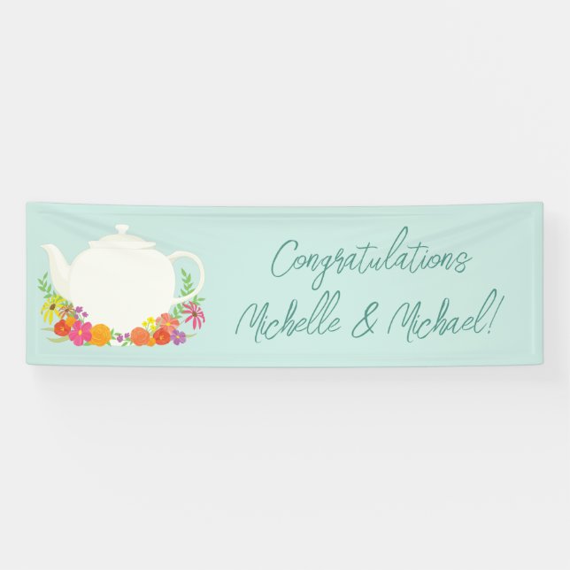 Tea Party Baby Shower Teapot Spring Floral Banner (Horizontal)