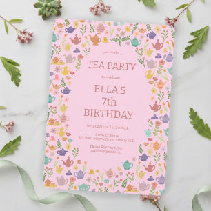 Tea Party Birthday Cute Custom Colourful Floral  Invitation