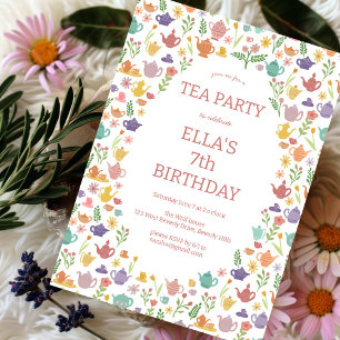 Tea Party Birthday Cute Custom Colourful Floral Invitation