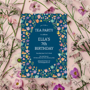 Tea Party Birthday Cute Custom Colourful Floral Invitation