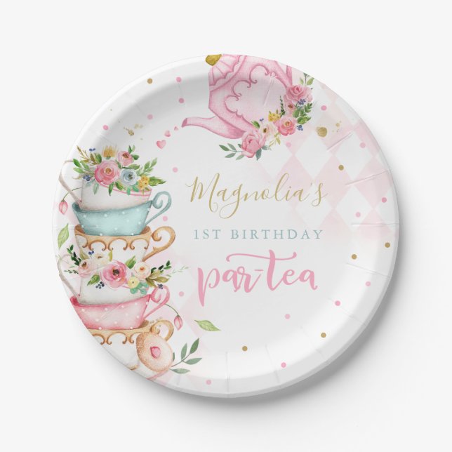 Tea Party Birthday Decor Pink Floral Par-tea   Paper Plate (Front)