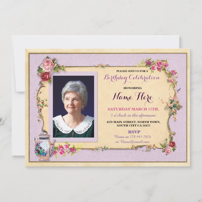 Tea Party Birthday Garden Teapot Photo Rose Invite (Front)
