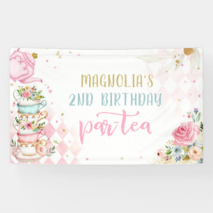 Tea Party Birthday Girl Pink & Gold Floral Par-tea Banner