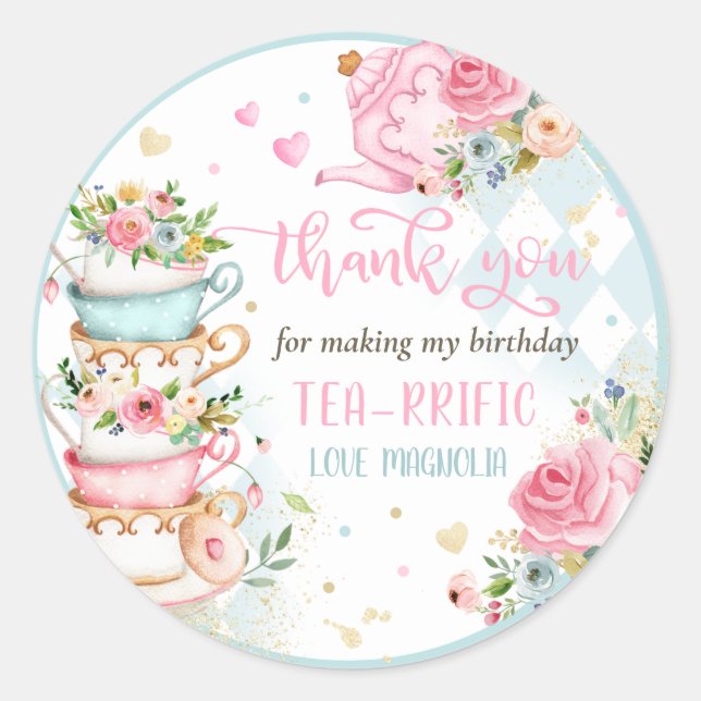 Tea Party Birthday Girl Pink & Gold Floral Par-tea Classic Round Sticker (Front)