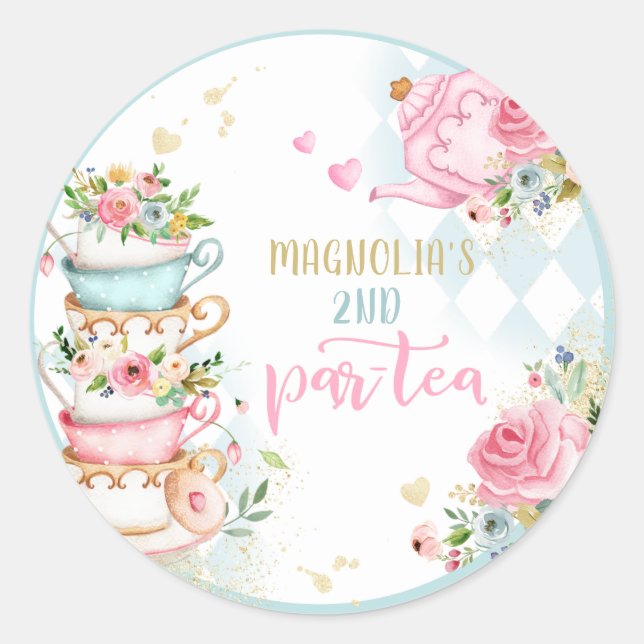 Tea Party Birthday Girl Pink & Gold Floral Par-tea Classic Round Sticker (Front)