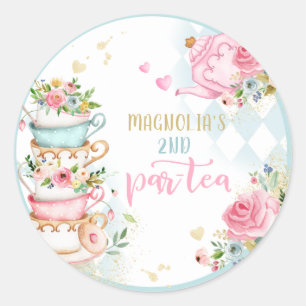 Tea Party Birthday Girl Pink & Gold Floral Par-tea Classic Round Sticker