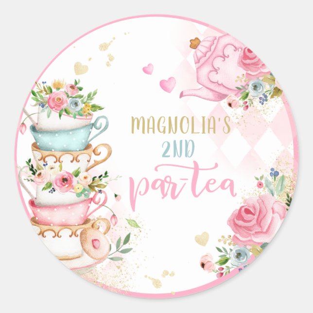 Tea Party Birthday Girl Pink & Gold Floral Par-tea Classic Round Sticker (Front)