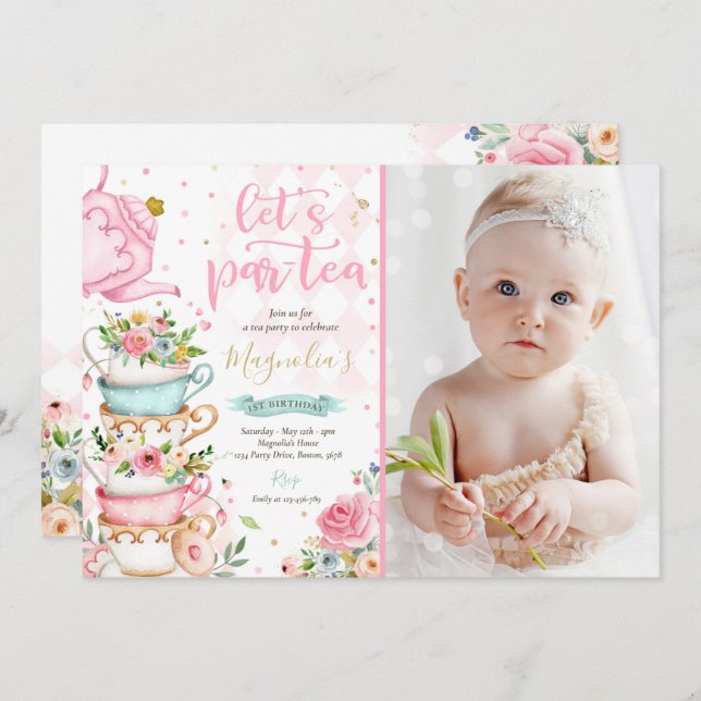 Tea Party Birthday Girl Pink & Gold Floral Par-tea Invitation (Front/Back)