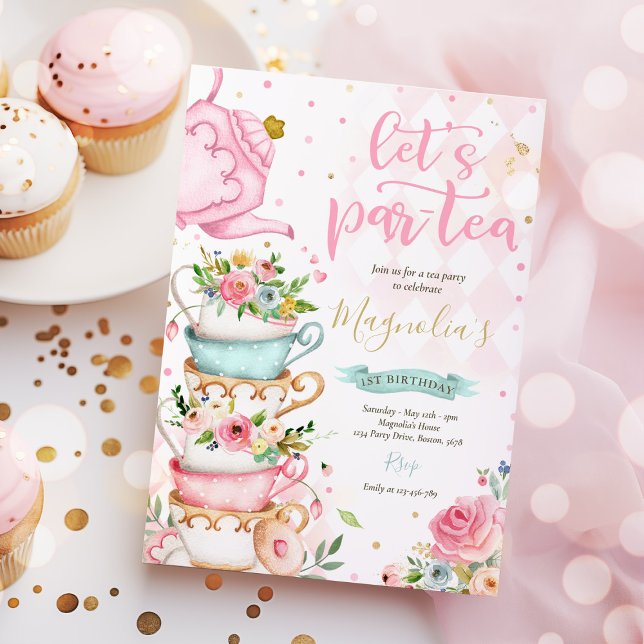 Tea Party Birthday Girl Pink & Gold Floral Par-tea Invitation (Creator Uploaded)