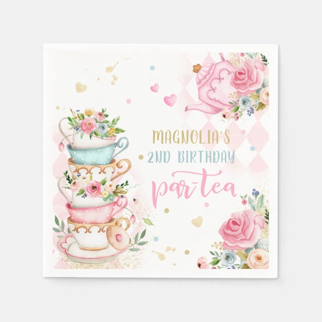Tea Party Birthday Girl Pink & Gold Floral Par-tea Napkin (Front)