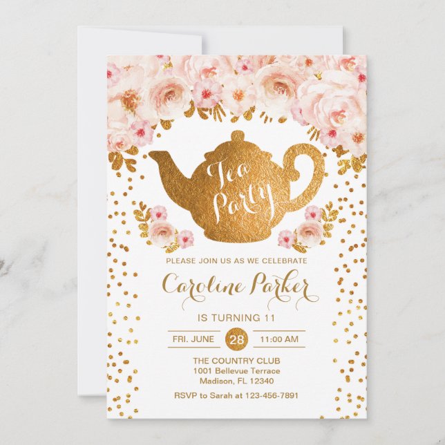 Tea Party Birthday - Gold White Invitation (Front)