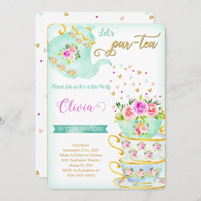 Tea Party Birthday Invitation (Front/Back)