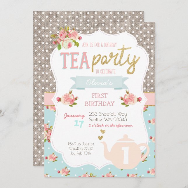Tea Party Birthday Invitation (Front/Back)