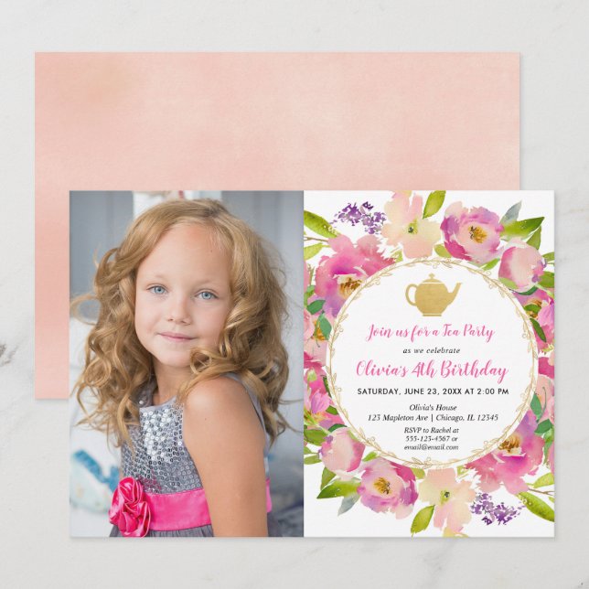 Tea Party birthday invitation, girl birthday photo Invitation (Front/Back)