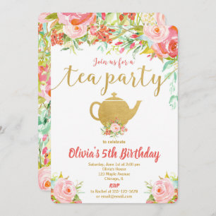 Tea party birthday invitation girl floral gold
