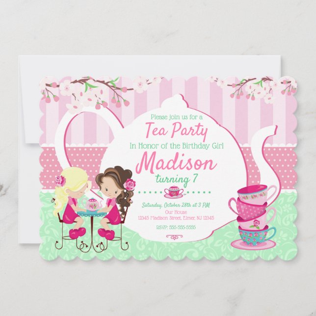 Tea Party Birthday Invitation / Girl / Pink Teal (Front)