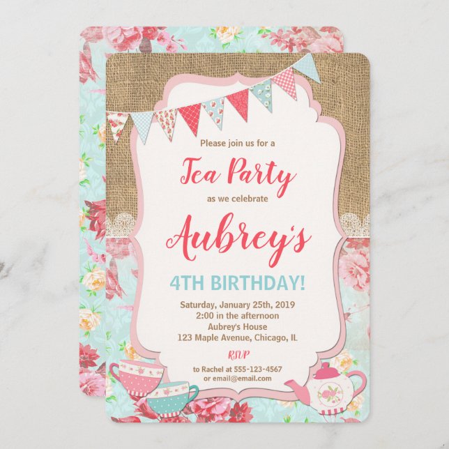 Tea party birthday invitation girl shabby chic (Front/Back)