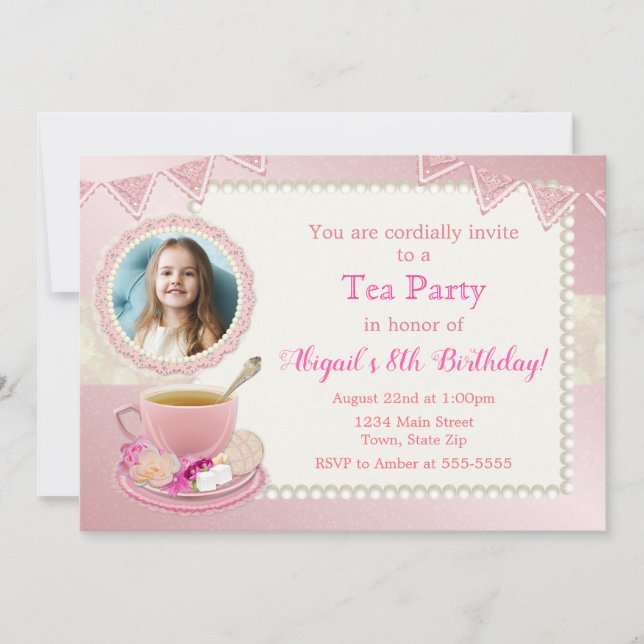 Tea Party Birthday Invitation Little Girl (Front)