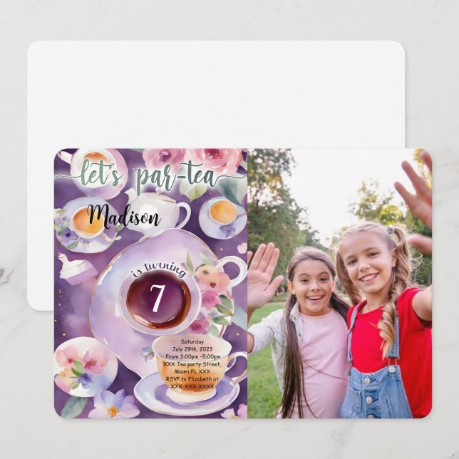 Tea Party Birthday Party Photo Invitation (Front/Back)