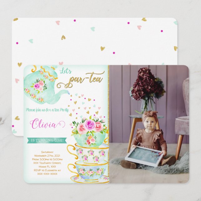 Tea Party Birthday Photo Invitation (Front/Back)