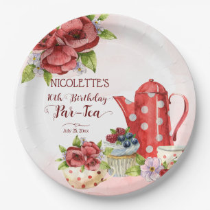 Tea party birthday polka dot tea pot personalized paper plate