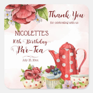 Tea party birthday polka dot tea pot personalized square sticker